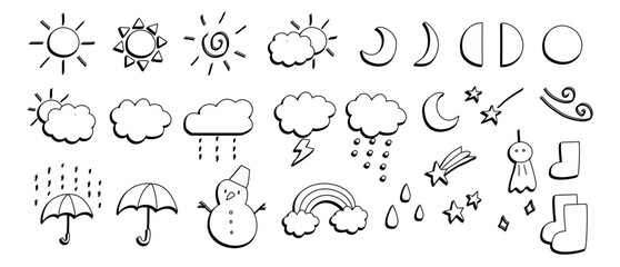 hand drawn weather season icon set, sunny, cloud, rain, sky vector editable stroke 