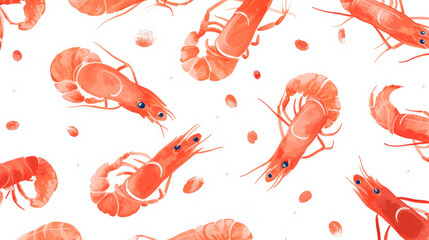 Seamless cartoon watercolour shrimp prawn pattern design with white background.
