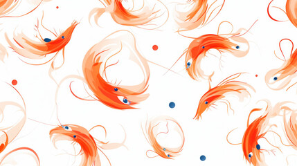 Seamless cartoon watercolour shrimp prawn pattern design with white background.
