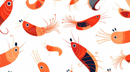 Seamless cartoon watercolour shrimp prawn pattern design with white background.
