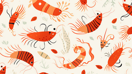 Seamless cartoon watercolour shrimp prawn pattern design with white background.
