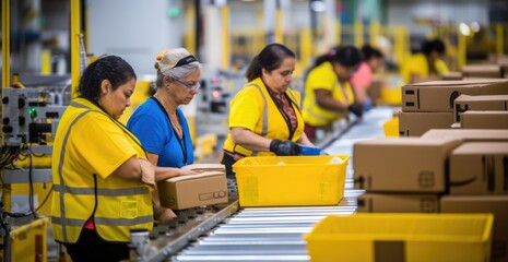 People work in a distribution warehouse sorting boxes on a conveyor