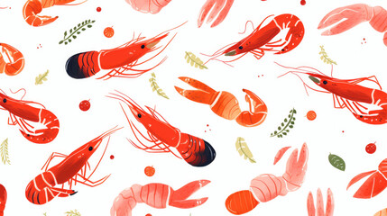 Seamless cartoon watercolour shrimp prawn pattern design with white background.

