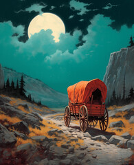 A covered wagon traversing a rugged trail