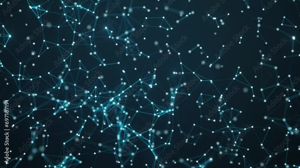 Poster dots and lines in the center blur in slow motion with a dark blue background, cybersecurity, and net