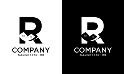 Creative Logo design of R house for construction, home, real estate, building, property. Minimal awesome trendy professional logo design template on black background.