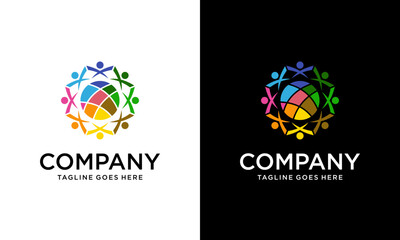 Creative 8 human Teamwork vector logo template creative illustration. People group sign. Social media symbol. Friendship teamwork concept. Design elements.