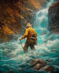 A weathered prospector panning for gold in a rushing river - obrazy, fototapety, plakaty