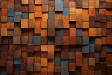 Wood art background abstract texture, closeup of detailed organic brown and blue wooden squares geometric shapes