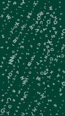 Falling letters of English language. Chalk handdrawn flying words of Latin alphabet. Foreign languages study concept. Fancy back to school banner on blackboard background.