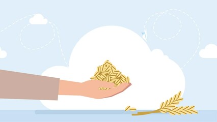 Concept of charity and donation. A generous man pours out a handful of grain to a beggar. Generosity. Feed the hungry. Big harvest. Volunteer shares food. Support to people. 2d flat animation. Cartoon