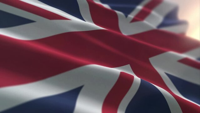 Waving Fabric Of British Flag Union Jack National Symbol With Red White And Blue Color. Flying Union Jack British Flag. National Symbol. Cross Pattern On Union Jack British Flag. UK Official Banner
