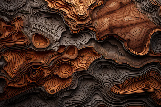 Wood art background abstract texture, closeup of detailed organic brown wooden, waves waving shapes