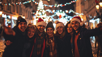 Des amis heureux portant un chapeau de père Noël célébrant ensemble la veille de Noël - Des jeunes s'amusant à marcher dans la rue du marché de Noël - Concept de vacances d'hiver