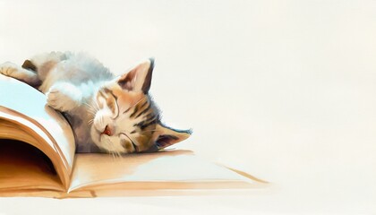 本を開いたまま寝る可愛い猫 - obrazy, fototapety, plakaty