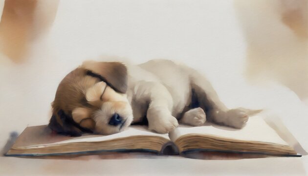 本の上で寝てしまった愛らしい子犬のイラスト
