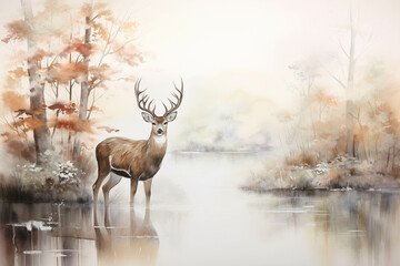 Fototapeta premium Watercolor painting of a deer in the forest.