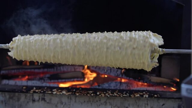 Sakotis is a Polish Lithuanian traditional spit cake. It is a cake made of butter, egg whites and yolks, flour, sugar, and cream, cooked on a rotating spit in an oven or over an open fire