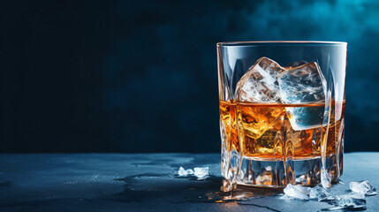 A glass of whisky cognac with ice cubes on an old vi