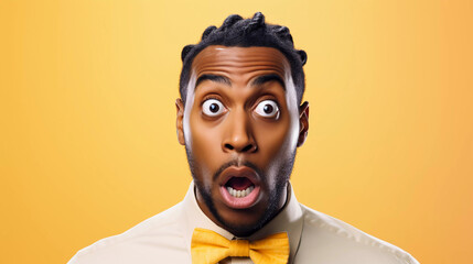 Surprised African American with braids at consultation office, displaying a skeptical and sarcastic expression with an open mouth. 