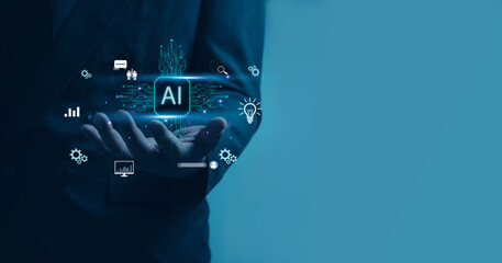AI tech concept. Businessman show virtual reality graphic icon. Ai artificial intelligence, work...
