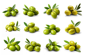 Green olives with leaves isolated on transparent or white background 