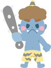 節分をイメージした、金棒を構えている青鬼のキャラクターイラスト