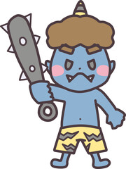 節分をイメージした、金棒を構えている青鬼のキャラクターイラスト