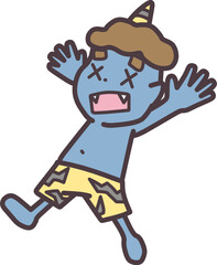 節分をイメージした、走って逃げている青鬼のキャラクターイラスト