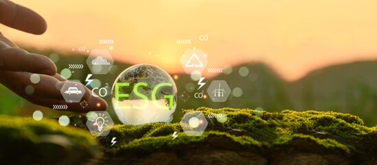 Environmental concept. Crystal globe with ESG icon. Society and Governance. Sustainable development...