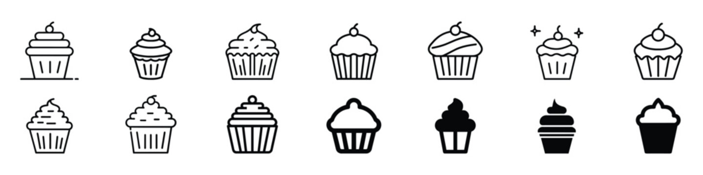 Cupcake icon. Cake sign icon, Simple cupcake flat icon, Pastry shop logo. Set of black cupcakes, muffin logo. cupcake silhouette, cake, sweet pastries, muffin. cupcake icon