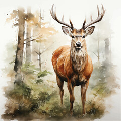 Beautiful vector watercolor deer in forest with long horns on white background. Illustration of a forest full of watercolor trees.