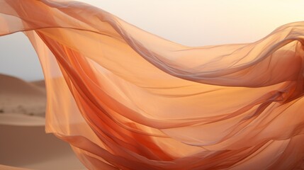 Beautiful curly in the wind close up photo of flying veil on desert, golden hour, pastel peach color.