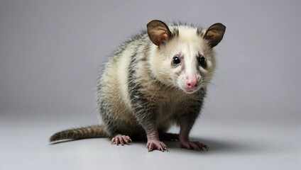An inquisitive opossum sits on a grey backdrop, its bright eyes and snout highlighting the unique features of this often misunderstood North American marsupial.