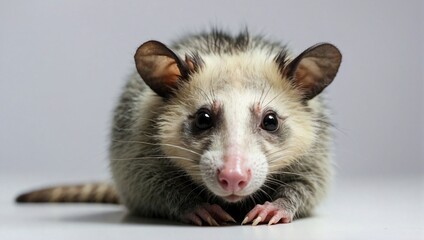 A curious opossum peers forward on a grey background, showcasing its distinctive facial markings and prehensile tail, representative of North American marsupials.