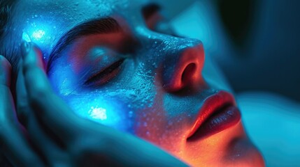 Beautiful woman using a blue light therapy device on their face, focus on the glow and skin texture. Biohacking concept.