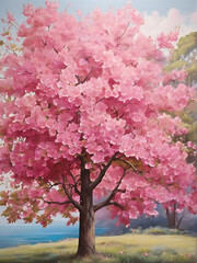 A painting of a tree with pink flowers and leaves on it.