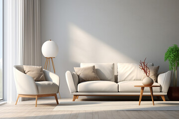 3d rendered Minimal style Modern living room interior design with sofa - obrazy, fototapety, plakaty