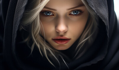 Mysterious woman with pale skin and white hair, enshrouded in dark fabric, emerges with a haunting gaze