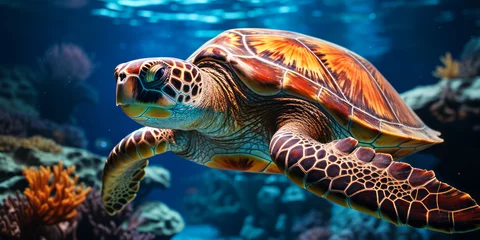 Schilderijen op glas Graceful Sea Turtle Swimming Serenely in Sunlit Ocean Waters Amidst Coral Reef © Bartek