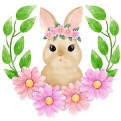 Easter watercolor painting bunny with flowers and leaves Suitable for cards and decorations at various events.