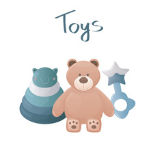Baby toys vector illustration on white background.  Teddy bear, pyramid and baby rattle illustration.