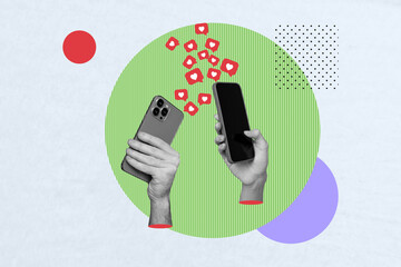 Collage creative poster black white filter human hands hold scroll social media news like bubble chat type colorful figure white background