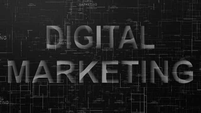 Digital marketing text technology data line animation black white