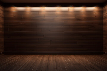 3d rendered empty wooden room with lights and copy space