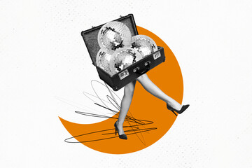 Horizontal creative bizarre photo collage of headless body suitcase full of discoballs with legs...