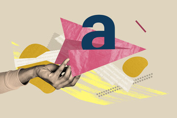 Composite collage image of hand hold paper plane letter alphabet message notification text weird...