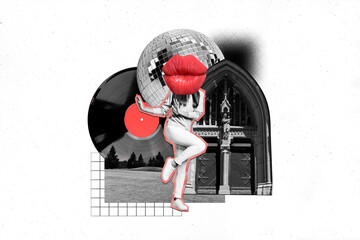 Creative illustration image collage dancing young girl huge lips instead head clubber vinyl retro party vintage building gates