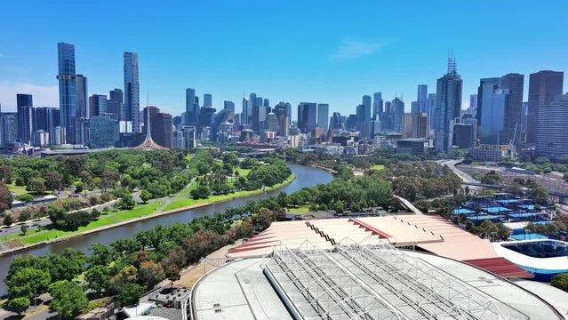 Melbourne, Australia: Aerial view of skyscraper skyline of Melbourne central business district (CBD) in capital city of Australian state of Victoria, sunny day with clear blue sky