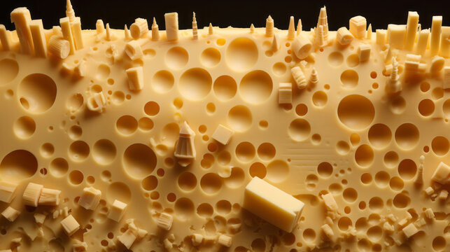 Cheese in the shape of a miniature city. Cheese urbanism.